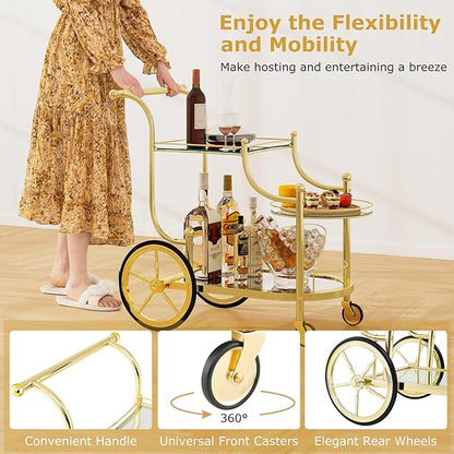 DORTALA Rolling Serving Cart, 3-Tier Metal Bar Cart with Tempered Glass, 4 Wheels Tea Serving Bar Cart for Livingroom, Kitchen, Gold