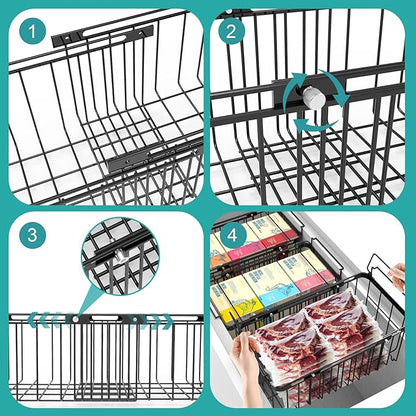 Freezer Organizer Bins, 2 Pack Expandable Stackable Chest Freezer Containers with Hanging Handles, Adjustable From 14.6" to 24.8" Storage Baskets for Fridge, Deep Freezer, Cabinet, Kitchen, Pantry