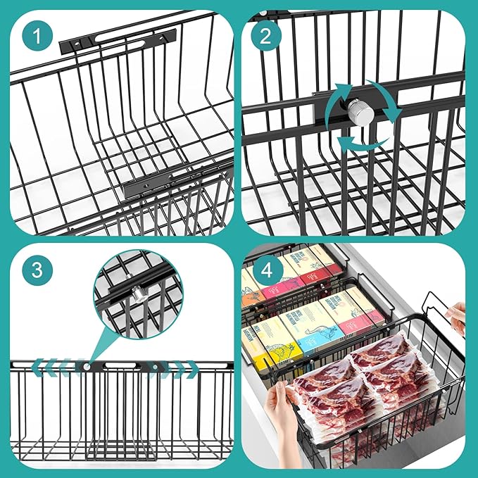 Freezer Organizer Bins, 2 Pack Expandable Stackable Hangable Chest Freezer Containers with Handles, Adjustable From 10.3" to 14.2" Storage Baskets for Fridge, Deep Freezer, Cabinet, Pantry, Kitchen