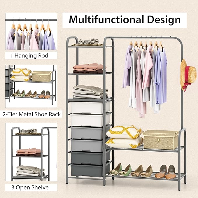 Tangkula Heavy Duty Clothes Rack with 6 Removable Drawers, 3-Tier Open Shelves & 2-Tier Metal Shoe Rack, Side Hook, Garment Rack with Adjustable Feet, Freestanding Closet Organizer for Closet, Bedroom