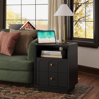 FORTUNETEC Nightstand with Charging Station, Modern Nightstand with Arched Design, Minimalist End Table with Wood Grain Texture, Bedside Table for Bedroom Living Room Sofa Office, Black