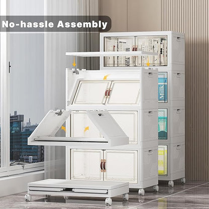 Extra Large Stackable Storage Bins, Lockable Storage Bins with Lids, Folding Storage box with Doors and Wheels, Collapsible Plastic Drawers for Home, Garage, Office (8, White, Medium)