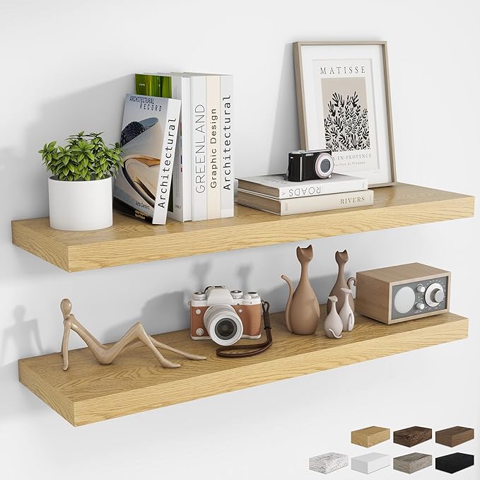 RICHFOCUS 40Inch Floating Shelves for Wall 2 Pack Shelves for Bedroom|Kitchen|Bathroom Wall Mounted Rustic Wood Floating Shelf with Invisible Brackets for Books|Storage|Decor, Oak