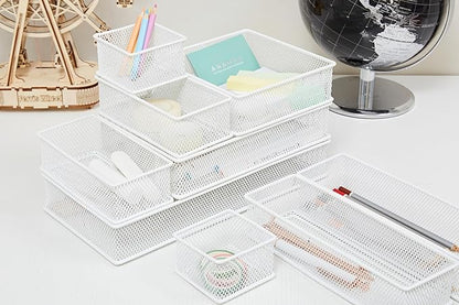 Annova Mesh Stackable Drawer Cabinet and Shelf Organizer Bins Storage Basket School Office Supply Holder Tray- Set of 2 (White, 3x6x2 Inch)