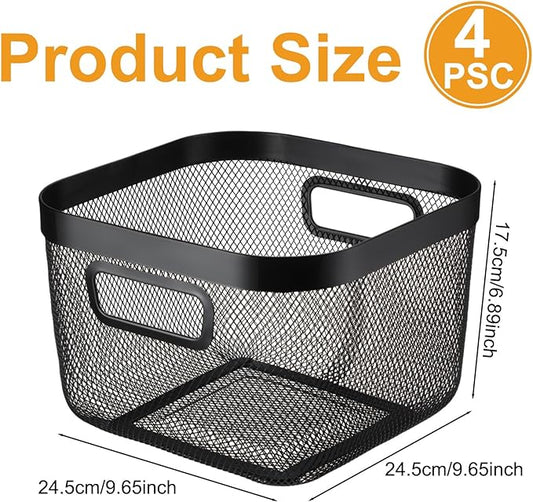 4 Pack Metal Mesh Basket with Hollow Handles Black Wire Storage Bin for Organizing Stackable Metal Fine Mesh Basket for Pantry Bathroom Kitchen Cabinets Shelves (Medium)
