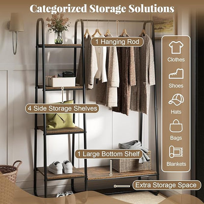 COSTWAY Clothes Rack with Shelves, Heavy Duty Garment Rack with Hanging Rod, 5-tier Shelves, Adjustable Foot Pads, Closet Organizer, Freestanding Wardrobe Clothing Racks for Hanging Clothes (Black)