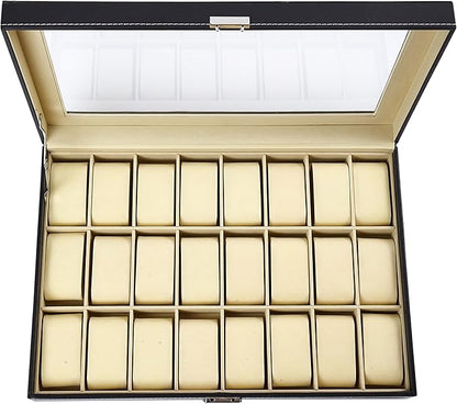 Baojulong 24-Slot Black PU Leather Watch Box, Watch Organizer with Clear Lid, Fits Various Watch Styles