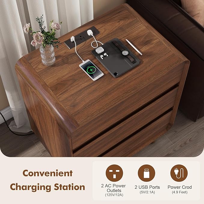 Nasonet Tall Nightstands Set of 2, Mid Century Modern Nightstands with 3 Storage Drawers, Curved Wood Night Stands for Bedrooms Set of 2, Walnut