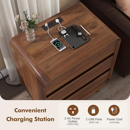 Nasonet Tall Nightstands Set of 2, Mid Century Modern Nightstands with 3 Storage Drawers, Curved Wood Night Stands for Bedrooms Set of 2, Walnut