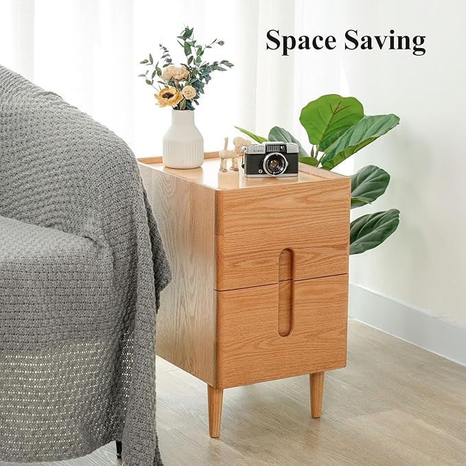 Cttasty Narrow Nightstand, Mid Century Modern Nightstand, Solid Wood Bedside Table, Side Table witn Drawers (Natural, 11.81inches)