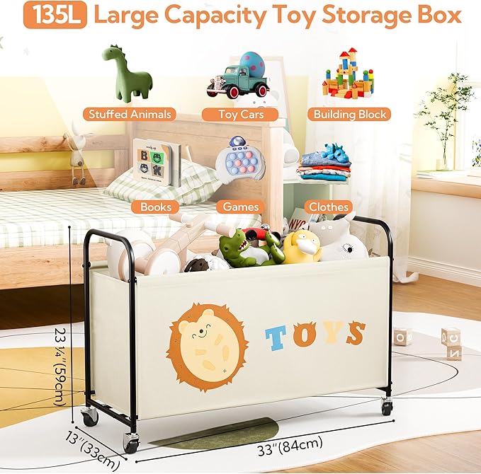 GRANNY SAYS Toy Box for Boys Girls, Large Toy Chest Storage with Wheels, Metal Kids Toy Storage Organizer for Stuffed Animals, 135L Kids Toy Bins for Bedroom, Living Room, Nursery, Beige