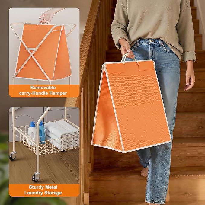 Convenient Laundry Basket with Wheels,36" High Easy Rolling Laundry Cart with Wheels,Heavy Duty Dirty Clothes Laundry Hamper with Handles Removable Bag for Seniors,Folding Metal Frame/Orange/98L