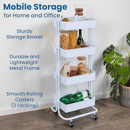 ECR4Kids 4-Tier Metal Rolling Utility Cart, Multipurpose Storage, White