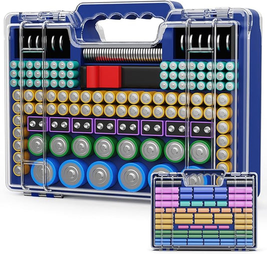 Battery Organizer Storage Holder Box Case with Tester, Ultra-Large 262+ Batteries Container with Double-Sided, Holds AA AAA 4A 23A C D Cell 9V 3V Lithium 4LR44 CR3 CR123A 18650 (Blue)