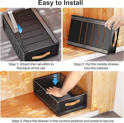 Pull out Cabinet Organizer Fixed with Adhesive Nano Film,Heavy Duty Slide out Pantry Shelves Drawer Storage,Sliding Mesh Cabinet Basket with Handle for Kitchen, Bathroom,Home, 9.8"WX 15.7"D X 6.2"H