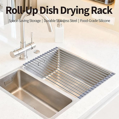 TYZUIAW Roll Up Dish Drying Rack for Over Sink - 17.5"x15.7" Foldable Stainless Steel Kitchen Drainer,Gray