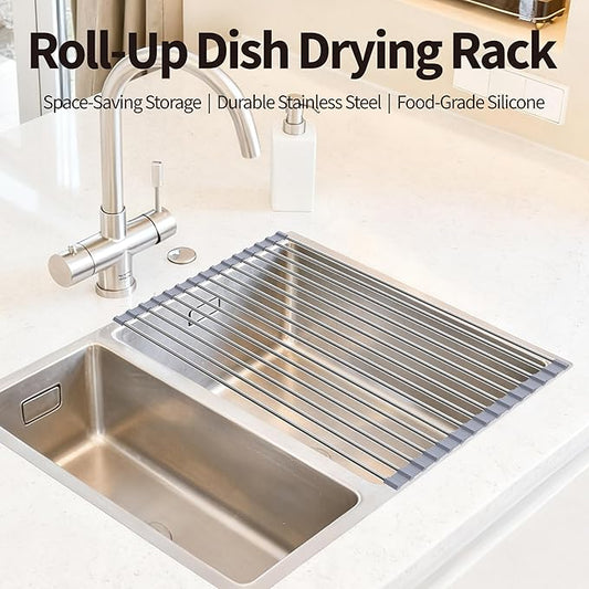 TYZUIAW Roll Up Dish Drying Rack for Over Sink - 17.5"x15.7" Foldable Stainless Steel Kitchen Drainer,Gray