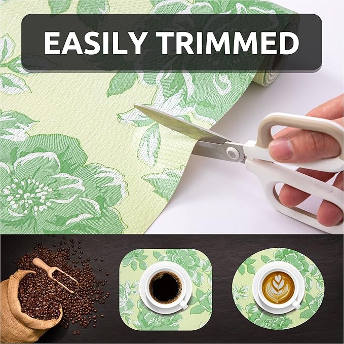 FIFTY FEET 18X96 Inch Shelf Liner for Kitchen Cabinets, PVC Drawer Liner for Dresser Non-Slip Bathroom, Non-Adhesive Cabinet Liner Washable (Green Flower)(5 Roll)