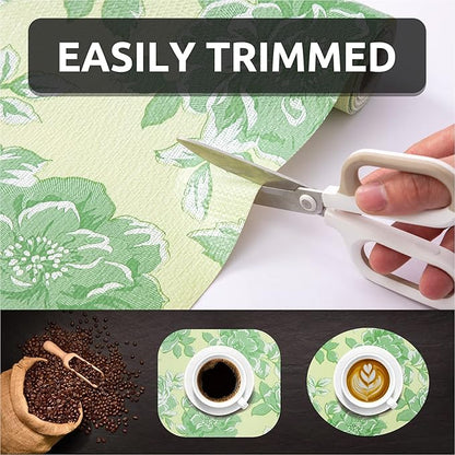 FIFTY FEET 18X96 Inch Shelf Liner for Kitchen Cabinets, PVC Drawer Liner for Dresser Non-Slip Bathroom, Non-Adhesive Cabinet Liner Washable (Green Flower)(5 Roll)