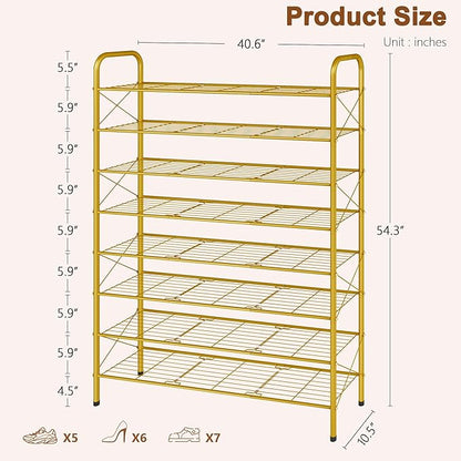 Hoctieon 8 Tier Shoe Rack for Closet, Durable Mesh Style Shoe Rack, Entryway Shoe Shelf, Shoe Storage Organizer for Hallway, Bedroom, Living Room, Wardrobe, Gold
