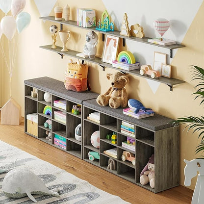 DINZI LVJ Shoe Storage Bench with Cushion, 14-Cubby Shoe Rack, Adjustable Shelves, Multifunctional Shoe Organizer Bench for Entryway, Mudroom, Hallway, Living Room, Bedroom and Garage, Gray Wash