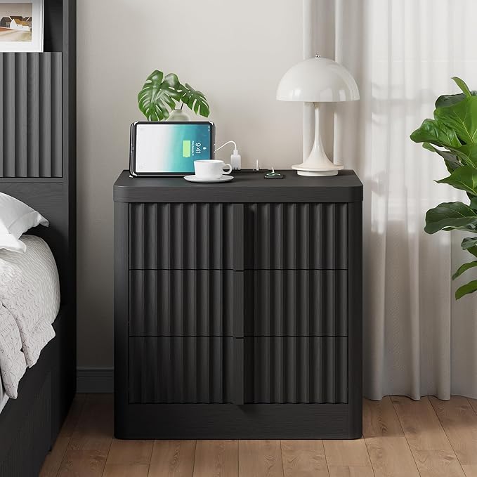 Harpaq Fluted Nightstand with Charging Station, 23.6" Night Stand with Solid Wood Handle, Mid Century Moden Bedside Table End Table 3 Drawer Dresser for Bedroom, Living Room, Black