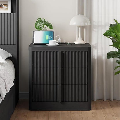 Harpaq Fluted Nightstand with Charging Station, 23.6" Night Stand with Solid Wood Handle, Mid Century Moden Bedside Table End Table 3 Drawer Dresser for Bedroom, Living Room, Black