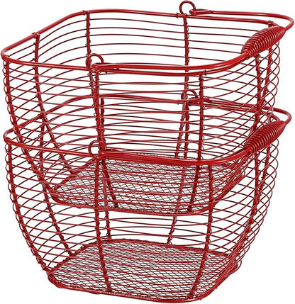 2 PCS 7" Red Square Wire Egg Baskets for Fresh Egg With Handle, Small Metal Collecting Basket for Gathering Fresh Eggs, Chicken and Duck Eggs Hunting Basket Egg Holder Countertop