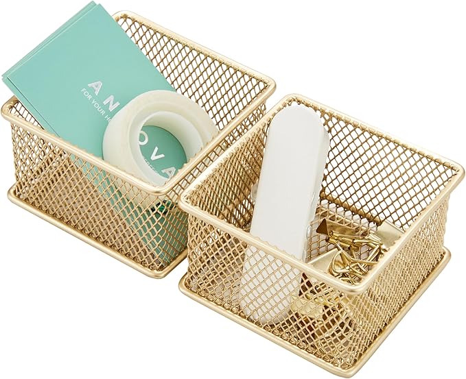 Annova Stackable Mesh Drawer Cabinet and Shelf Organizer Bins Storage Basket School Office Supply Holder Tray- Set of 2 (Gold, 3x3x2 Inch)
