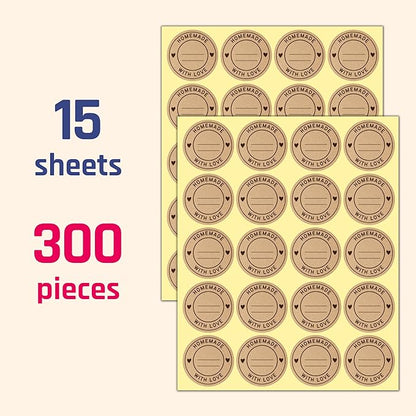 300 Pieces, 2" - Homemade with Love Stickers, Canning Labels for Jars to Write On