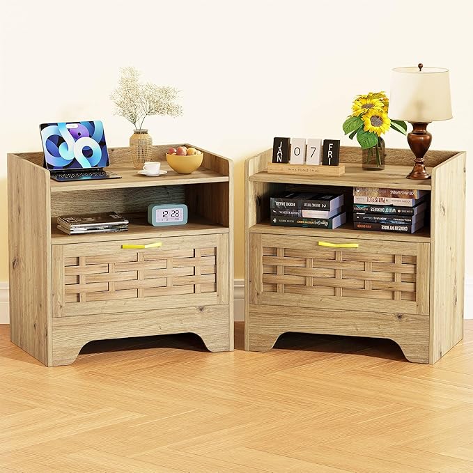HOCAT 24" Rattan Nightstand Set of 2, Oak Bedside Table with Semi Open Cubby, Boho Night Stand with Farmhouse Arched Base for Bedroom, Side Table, End Table for Dorm