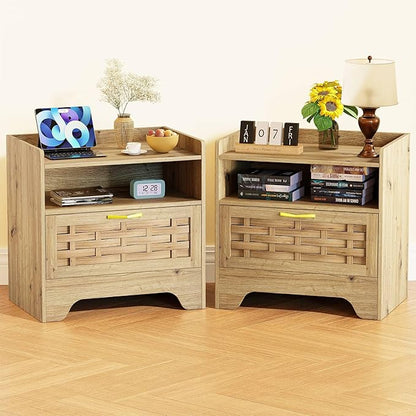 HOCAT 24" Rattan Nightstand Set of 2, Oak Bedside Table with Semi Open Cubby, Boho Night Stand with Farmhouse Arched Base for Bedroom, Side Table, End Table for Dorm