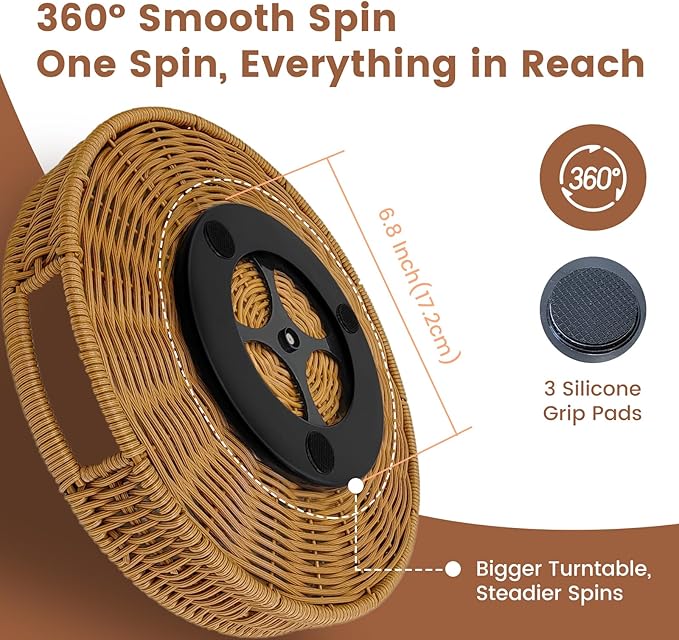12 Inch Rattan Lazy Susan Turntable Organizer, Round Rotating Wicker Serving Tray with Handles for Kitchen Counter, Coffee Table, Cabinet Storage