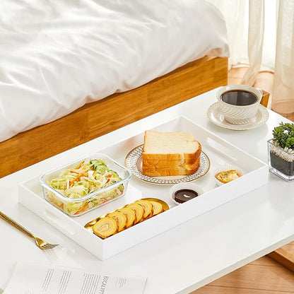 Glossy White Sturdy Acrylic Serving Tray with Handles 12x20x2H Inches -Spill Proof- Decorative Trays Countertop Organizer for Ottoman Coffee Table Nightstand, sidetable, Breakfast, Tea, Food