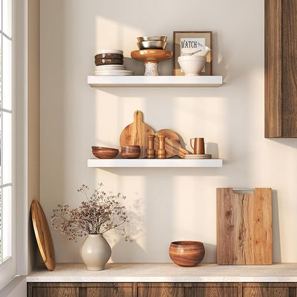 Farmhouse Floating Shelves - 8 Inch Deep Rustic Wood Wall Shelf - Premium Solid Pine Wood Storage Shelf Display Shelf for Kitchen Living Room Bedroom - 24"W x 8"D - Set of 2 - White Color