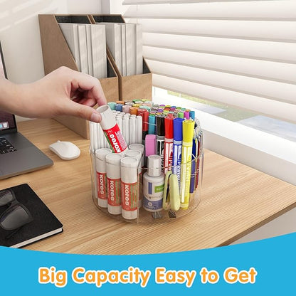 Acrylic Pen Holder, 360 Degree Rotating Pen Organizer, Rotating Desk Acrylic Office Organizer with 6 Compartments, Marker Organizer for Kid, Crayon Caddy School Art Supply Storage Organizer
