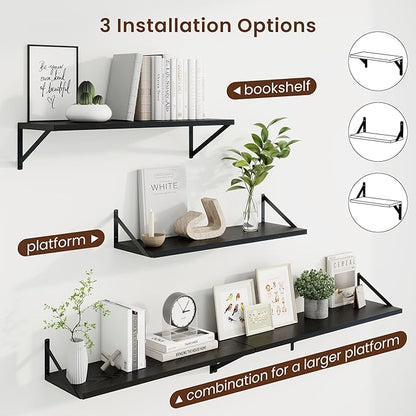 Axeman 30 Inch Floating Shelves | 10 Inch Deep Black Wall Shelves Set of 2 | 30" W x 10" D Black Wood Floating Shelves for Living Room Bathroom Kitchen
