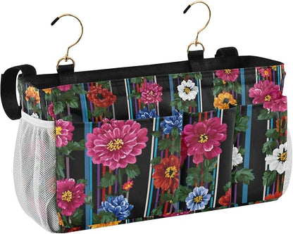 CuwrYet Bedside Caddy Hanging Bunk Bed Caddy Bed Organizer Hanging Pocket with 2 Hooks Bedside Storage Organizer Pocket Bag Holder Mexican Flowers Stripe
