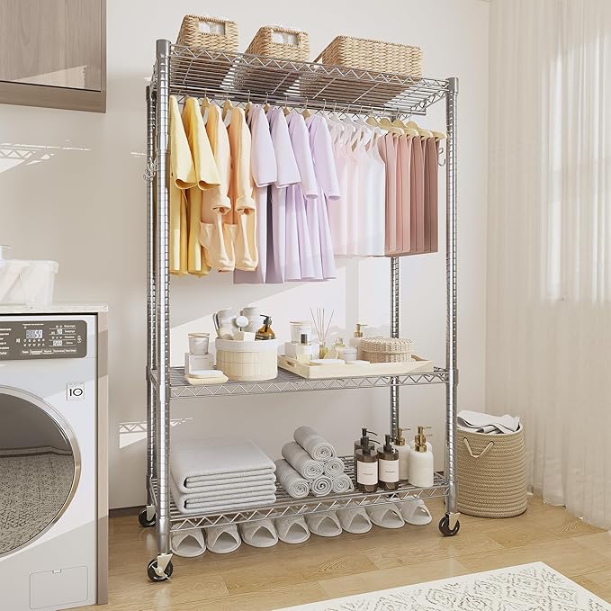 Garvee 3 Tier Clothes Rack with Wheels, Adjustable Shelves & 2 Hanging Rod, Heavy Duty Clothing Rack Closet Organizer Freestanding Wardrobe for Hanging Clothes, 75.6" H x 45.3" W x 15.8" D, Silver