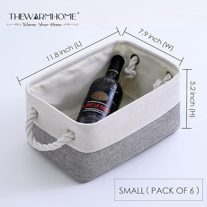 TheWarmHome Small Storage Baskets for Organizing,Storage Baskets for Shelves,Small Fabric Storage Bins W/Handles For Closet Nursery Toy Decorative Foldable (White&Grey, 11.8L*7.9W*5.2H-6 Pack)