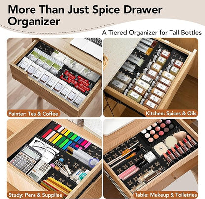Idcymoul Spice Drawer Organizer 3-Tier Expandable (11"-22" Wide), Spice Rack for Cabinet with Funnel & Spice Labels, Fits Large Jars, Seasoning Storage Insert Design for Cabinet & Drawer (Black)