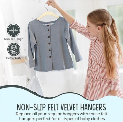 TechZoo 25 Premium Kids Velvet Hangers - 14" Non-Slip Clothes Hangers for Kids & Preteens - Ultra Slim, Space-Saving, Strong & Durable Hangers with 360° Swivel Hook - Beige