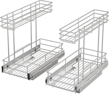 Under Sink Organizer 2 Packs, Pull Out Cabinet Organizer 2 Tier, Under Sink Slide Out Organizer Chrome Plated, Under Kitchen Bathroom Sink Organizer, Pantry Cabinet Closet Organization Rack, 9"W X19"D