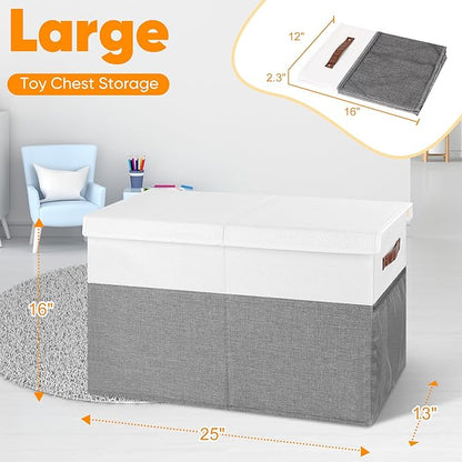Large Toy Box, Collapsible Sturdy Storage Chest With Lids, Kids Toy Chest Storage Organizer Toddler Bin Boxes for Living Room, Bedroom, Nursery, 25"x13"x16", White & Gray