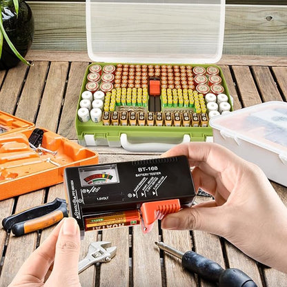 Battery Organizer Storage Holder Case with Double-Sided, Garage Box with Tester Checker. Batteries Container for 269pcs AA AAA AAAA 3A 4A 9V C D Lithium 4LR44 CR2 CR123A CR1632 CR2032 18650 -Green