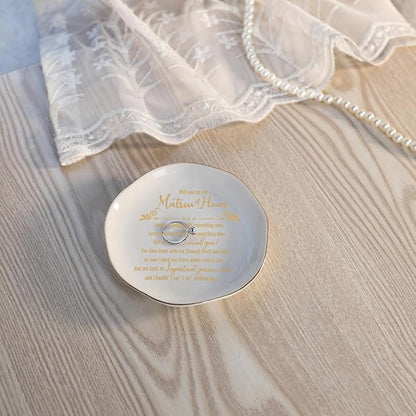 HOME SMILE Matron Of Honor Ring Dish - Will You Be My Matron Of Honor - Jewelry Trinket Dish Tray, Bridesmaid & Bridal Shower Gifts - Proposal Gift For Bestie, White Ceramic