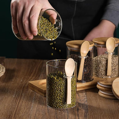 Glass Spice Storage Container with Spoon, 3PCS 20oz Airtight Sealed Condiment Jar with Tray, Kitchen Pantry Seasoning Canister Set for Salt Coffee Sugar Tea & Bathroom Cotton Swab Ball