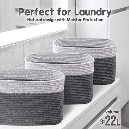 CHAT BLANC Cotton Rope Baskets for Organizing I Storage Baskets for Shelves | Rope Basket for Storage, Small Laundry Baskets, Woven Baskets for Storage, Dog Toy Bin, Baby Basket, Gray & Graphite 3Pack