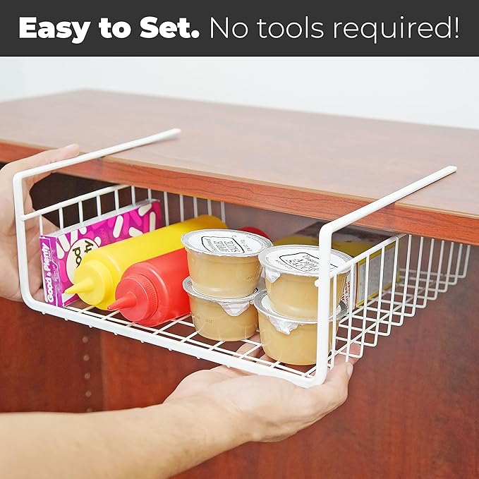 Southern Homewares White Wire Under Shelf Storage Basket Set - Piece Under Cabinet Hanging Storage for Kitchen, Pantry, Organization, Pack of 2
