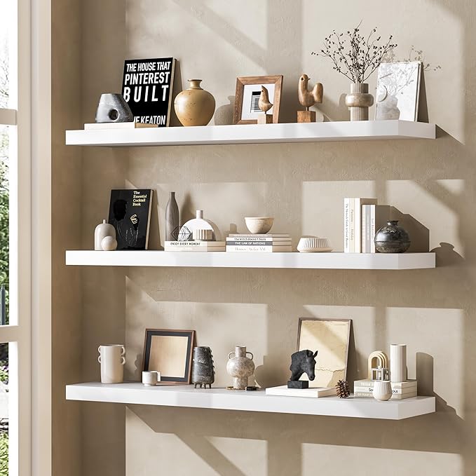 Floating Shelves 36 Inches Long - 8 Inch Deep Rustic Premium Solid Pine Wood for Storage - Farmhouse Wall Mounted for Living Room - Heavy-Duty Metal Bracket - 36" W x 8" D - Set of 2 - White Color
